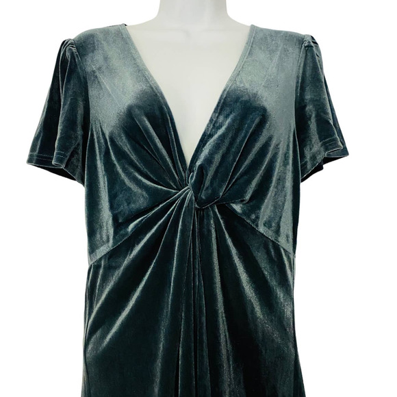 Aqua Blue-Gray Velvet Shimmer Stretch Deep V-Neck Plunge Cocktail Party Dress - Picture 6 of 13